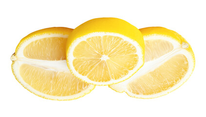 Front view of three ripe yellow lemon pieces in two ellipses and one circle slice in stack isolated...