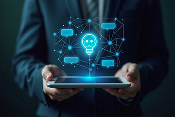 Businessman holding tablet with ai agent chatbot and digital interface technology
