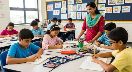 Teacher guiding students in an art class, children drawing with colorful pencils, A teacher helps elementary students create artwork in their school classroom