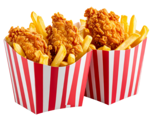 Two Chicken Strips and Fries in Red-Striped Boxes, Transparent Background PNG