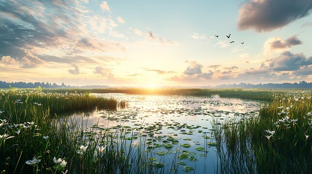 Scenic wetland with blooming flowers and lily pads at golden sunrise. Birds flying in sky. Tranquil marshland celebrating biodiversity and ecosystems. World Wetlands Day