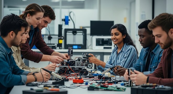 Diverse Students Collaborate on Robotics Project, Engineering Innovation and Teamwork in Tech Education