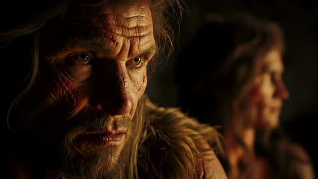 A rugged prehistoric man with a dramatic expression in a cave setting.