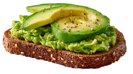 Slice of rye bread topped with smashed avocado isolated on transparent background 