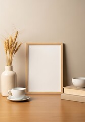 Wheat stalks in vase with coffee cup and picture frame