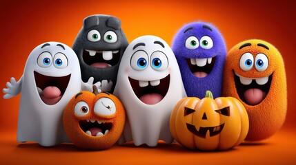 Obraz premium Colorful Group of Playful Spirits and Pumpkin on Bright Orange Background