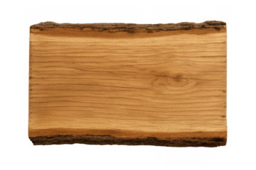 Natural wood plank with intact bark edge, highlighting intricate grain texture against transparent backdrop