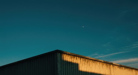 Obraz premium A low-angle view of a corner of a light-brown corrugated metal building against a teal-blue sky with a crescent moon and some clouds