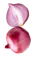 Fresh unpeeled red or purple Spanish onion bulb with half isolated on white background with clipping path