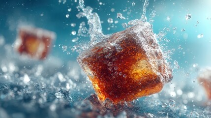 Close-up of a single ice cube falling into water creating splashes and bubbles with a bright background