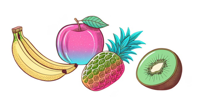 Vibrant assortment of exotic fruits banana apple pineapple kiwi isolated on transparent background - Powered by Adobe