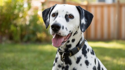 Happy dalmatian dog sitting in sunny backyard.