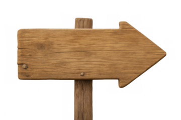 Weathered wooden arrow sign pointing right, displaying rough wood grain texture, set against transparent backdrop