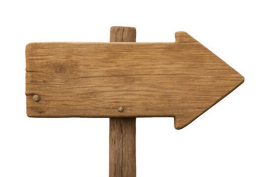 Weathered wooden arrow sign pointing right, displaying rough wood grain texture, set against transparent backdrop