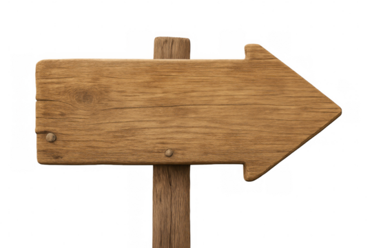 Weathered wooden arrow sign pointing right, displaying rough wood grain texture, set against transparent backdrop - Powered by Adobe