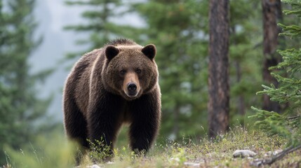Fototapeta premium Majestic grizzly bear amidst lush green forest in natural habitat.