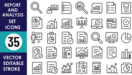 35 outline-style icons featuring reports, graphs, magnifying glass, charts, bar graphs, documents, pie charts, data analysis, checklists, dashboards, statistics, and presentations