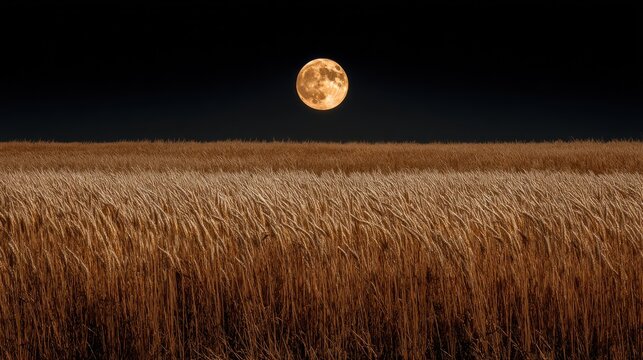 Golden wheat field bathed in the enchanting glow of a harvest moon