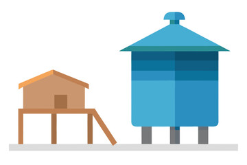 Water Tank Beside A Small Village Hut On White Background