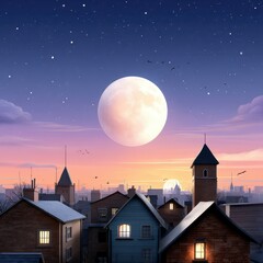 Naklejka premium Enchanted Evening Skyline with Moonlit Structures