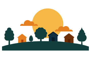 Sunrise Behind Village Trees And Rooftops