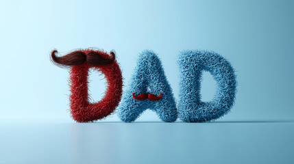 Creative fuzzy letters spelling Dad with mustaches on blue background presenting a playful and loving theme