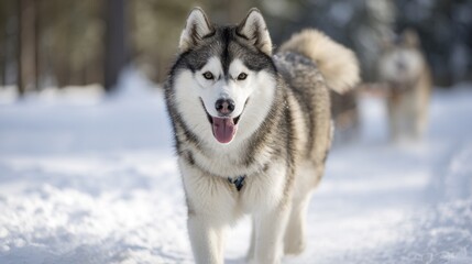 Naklejka premium Playful siberian huskies enjoying a snowy day outdoors.