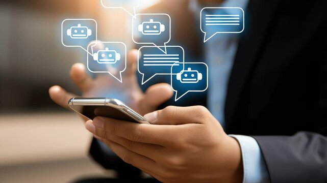 A person is holding a cell phone with a robot and a chat bubble on the screen. The robot is on the left side of the phone and the chat bubble is on the right side