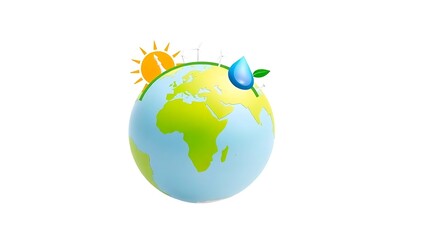 Naklejka premium Globe illustration showing earth with sun water drop and wind turbines on a white background