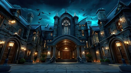 Obraz premium Old House Under Moonlit Sky With Bats and Shadows