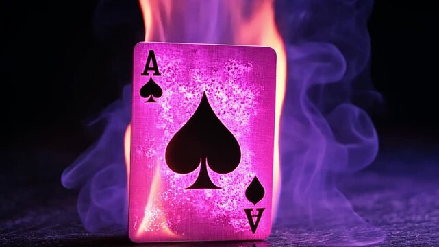 A glowing Ace of Spades playing card surrounded by vibrant purple flames in a dark setting