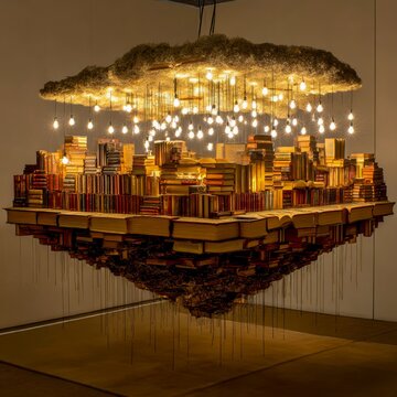 floating island made of books and lights utopia of knowledge