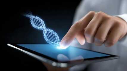Digital genomic health map concept with finger touching tablet displaying glowing DNA strand hologram projecting futuristic - Powered by Adobe