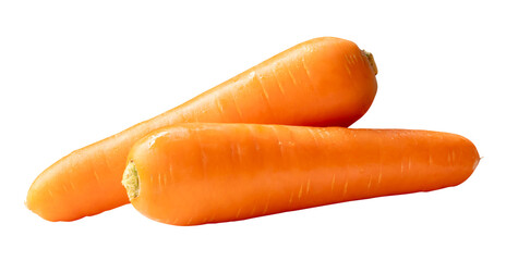 Side view of two fresh orange carrot roots in stack isolated with clipping path in png file format