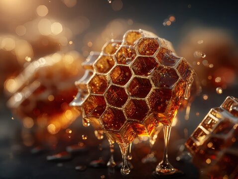 Close up of honeycomb with dripping honey on dark blurred background emphasizing natural bee product