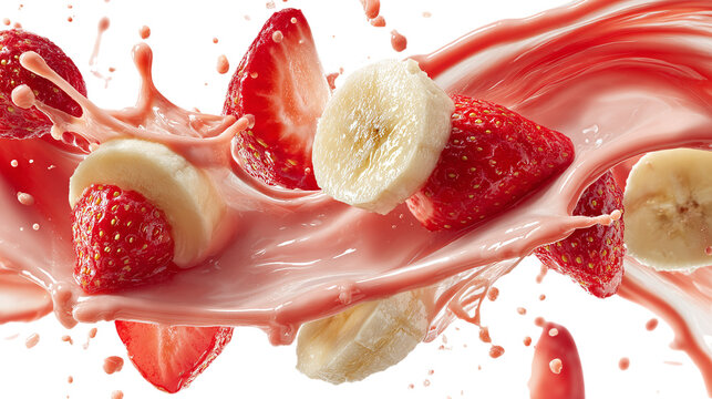 Strawberry and banana juice swirls in vibrant motion with splashing liquid in a cocktail smoothie concept isolated on tranparent background 