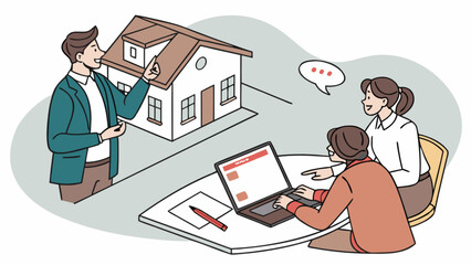 Real estate agent presenting new house property to clients for sale or rent investment opportunity