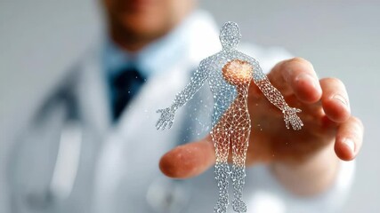 Human health genomic map concept featuring doctor analyzing digital wireframe human figure with advanced medical technology - Powered by Adobe