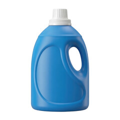 Large blue laundry detergent bottle with handle and cap on white background for home cleaning