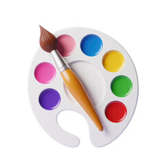 Artist's paint palette with colorful round paints and brush for creative painting projects art