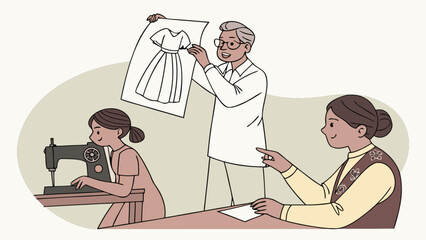 Sewing class with dress design instruction and sewing machine practice for fashion design students