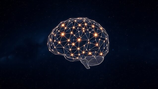 A digital brain with glowing nodes and connecting lines against a dark blue starry background view from side