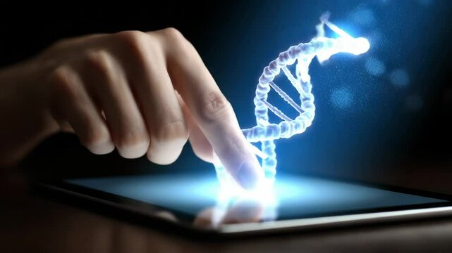 Digital genomic health map concept with glowing DNA strand hologram on tablet screen showing advanced genomic mapping technology - Powered by Adobe