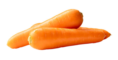 Side view of three fresh orange carrot roots in stack isolated with clipping path in png file format