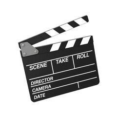 Fototapeta premium Iconic clapperboard symbolizing cinematic film production and filmmaking process in the studio