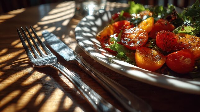 Fresh colorful cherry tomatoes and greens on a plate with cutlery on a rustic wooden table in natural sunlight