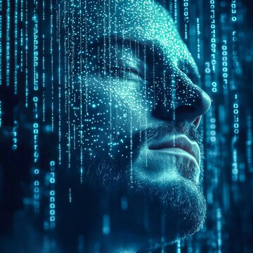 glowing binary rain over a human face symbolizing AI influence on personal privacy surreal portrait crisp details vertical orientation