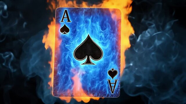 An Ace of Spades playing card surrounded by blue flames and smoke in a dramatic setting