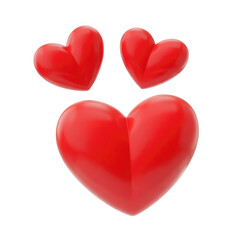 Three vibrant red hearts for romantic valentines day design and love themed graphic projects