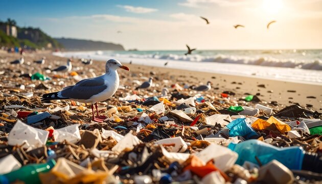 Seagull on polluted beach with plastic trash with ocean, and and flying birds under sun.